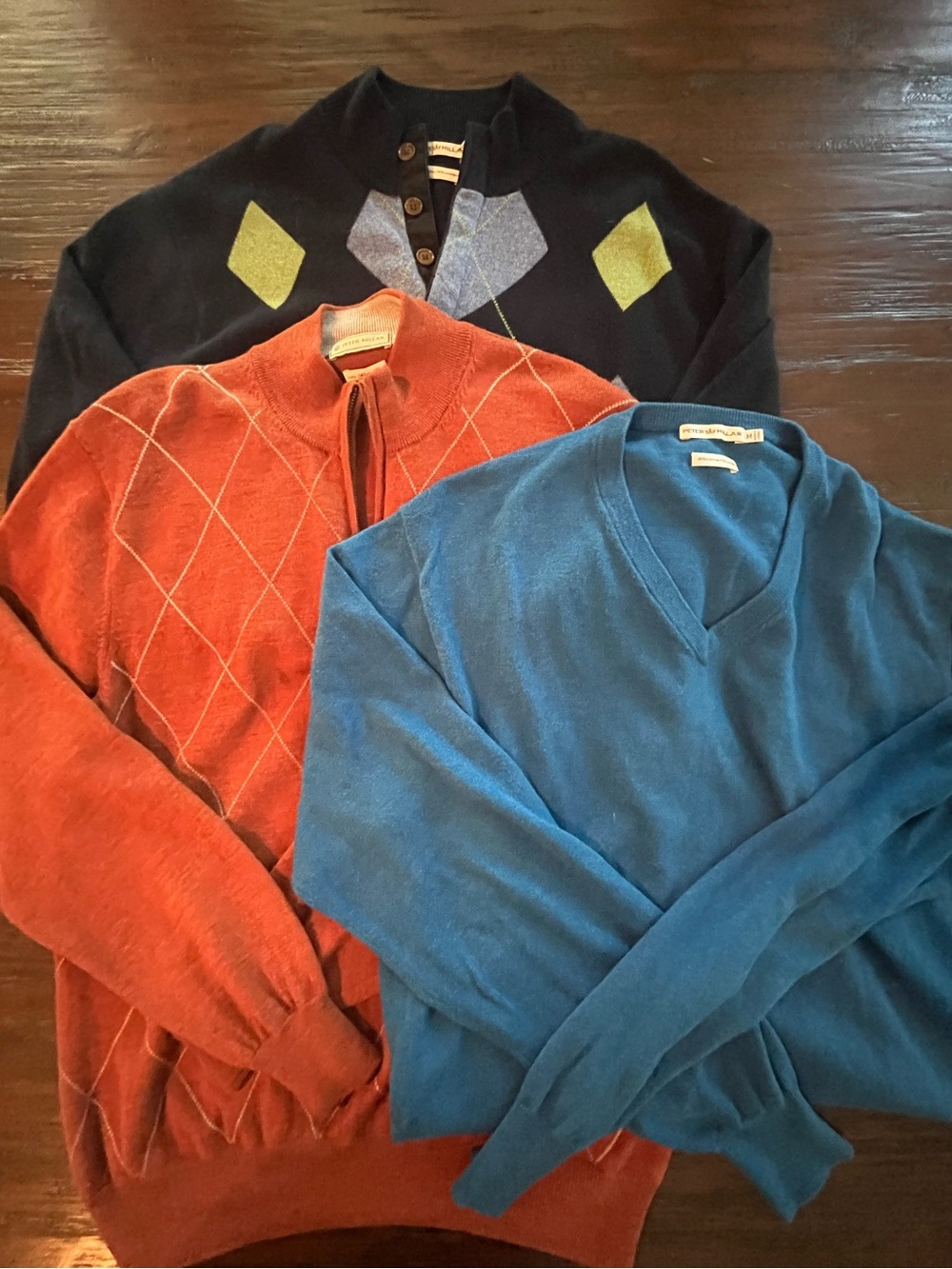 Peter Millar Men’s Sweater Set — Navy Argyle, Rust Diamond, Teal V-Neck